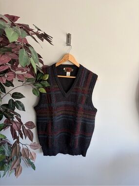 Boston Traders Black V-Neck Sweater Vest with Burgundy & Teal Stripes